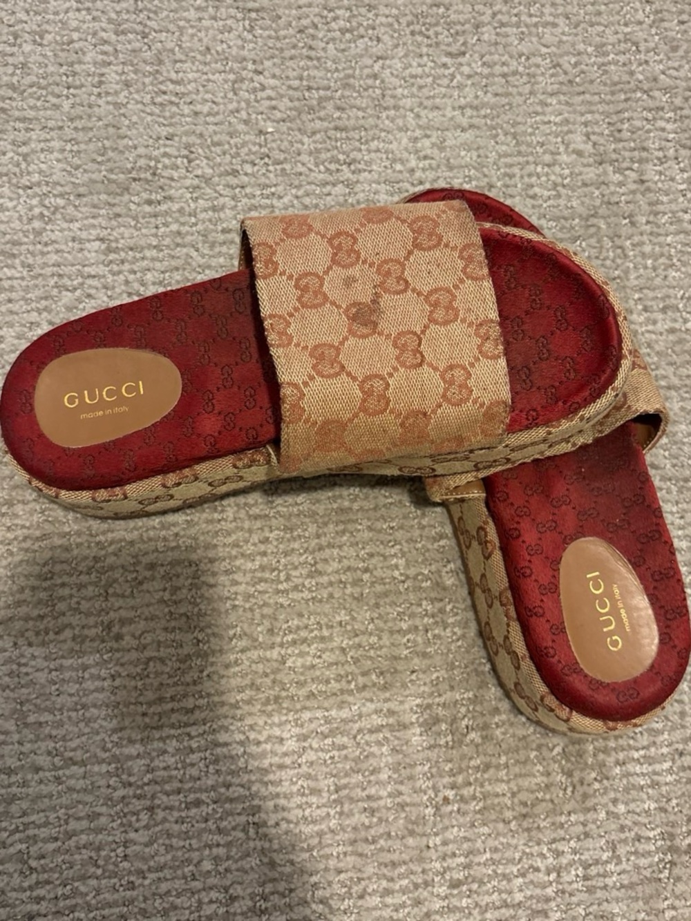 Gucci Tan GG Canvas Slides with Red Insole